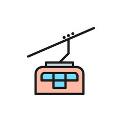 Funicular, ski cable lift flat color line icon.
