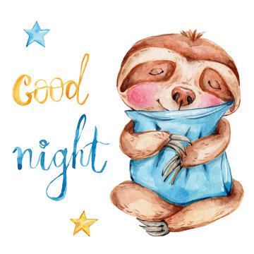 Cute cartoon sloth with blue pillow, blue and yellow stars and lettering 