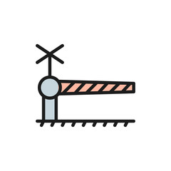 Railroad crossing with barrier, security gate flat color line icon.