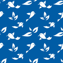 Silhouettes of cute birds and leaves drawn by hands . White on a blue background