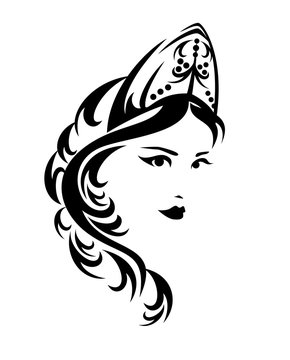 beautiful young slavic woman with long hair wearing traditional russian kokoshnik headwear black and white vector portrait
