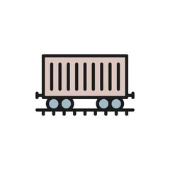 Freight car on rails, cargo wagon, train flat color line icon.