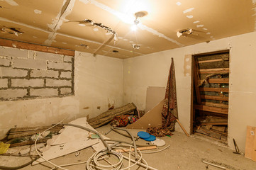 Russia, Moscow- October 10, 2019: interior room apartment decrepit old sloppy non modern setting. cosmetic repairs required