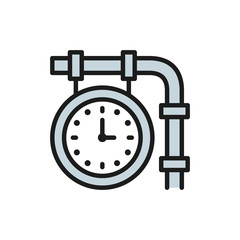 Train station clock, railroad platform time flat color line icon.