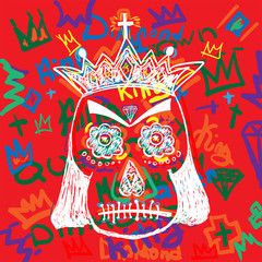 Skull in a royal crown on background of a handwritten text. Doodle, sketch, graffiti. Colorful vector illustration.