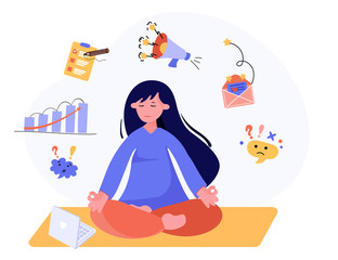 Office worker meditate for stress reduce, calm down and relax. Businesswoman is meditating in yoga pose. Mindfulness concept in vector illustration.
