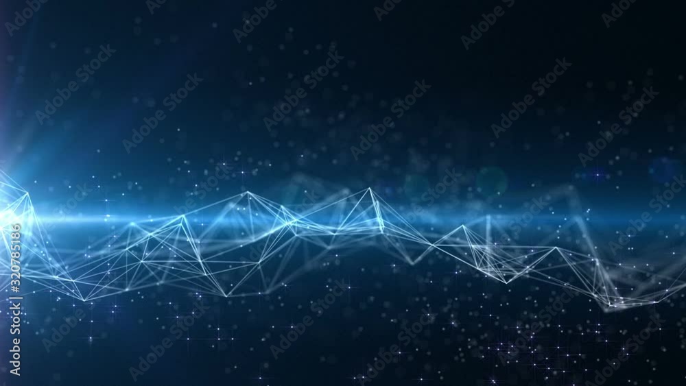 Poster Plexus network lines field. Blue abstract technology, science and engineering background. Depth of field settings. 3D rendering.