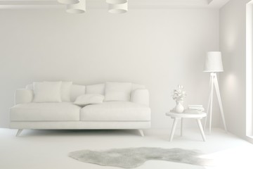 Mock up of stylish room in white color with sofa. Scandinavian interior design. 3D illustration