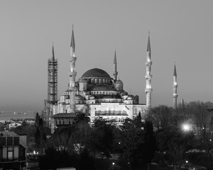 Istanbul, Turkey - Jan 11, 2020: Night top view over Sultan Ahmed Mosque or Blue Mosque, Sultanahmet, Istanbul, Turkey