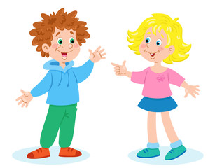 A cute little girl and a funny boy are standing and talking. In cartoon style. Isolated on white background. Vector illustration.