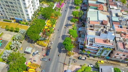 Drone view of Ta Quang Buu flower street in District 8 on Tet holidays, Ho Chi Minh city, Vietnam.