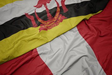 waving colorful flag of peru and national flag of brunei.