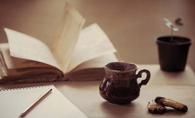  Cup of coffee. Coffee break, breakfast.