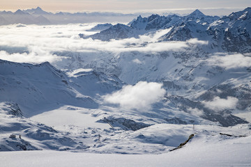 Fototapeta na wymiar snow covered peaks in the Swiss Alps Matterhorn glacier paradise