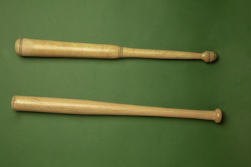 Bright wooden bat. Professional sport equipment isolated on green studio background. Concept of sport, activity, movement, healthy lifestyle, wellbeing. Modern colors.