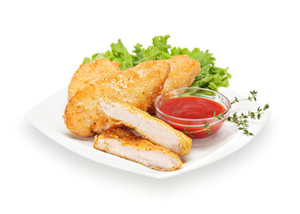Delicious Crispy Chicken Fillet in batter with ketchup and lettuce