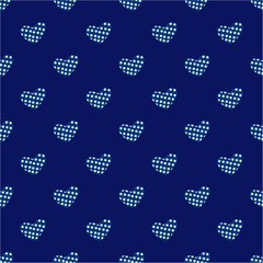 Hearts in dots.  Deep blue color background. Seamless pattern.