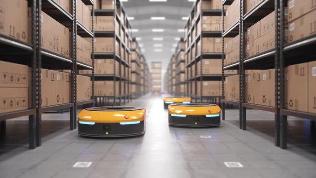 Autonomous robots moving shelves with cardboard boxes in automated warehouse. Seamless looping POV shot. Automated warehouse of the future concept. Realistic high quality 3d animation.