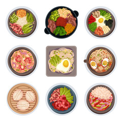 Korean Food Layouts Top View Vector Illustrations Set