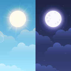 Day and night sky illustration with sun, clouds, moon and stars. Weather app screen, mobile interface design - 320791512