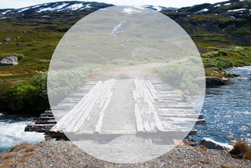 Copy Space For Advertisment. Wooden Foot Bridge In Norway. Mountains And River For Beautiful...