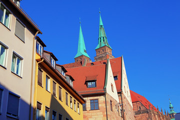 view of spire of Saint Sebald church in Nuremberg 