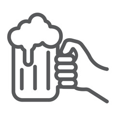Hand holding a glass of beer line icon, st patrick's day and alcohol, hand hold glass beer sign, vector graphics, a linear pattern on a white background, eps 10.