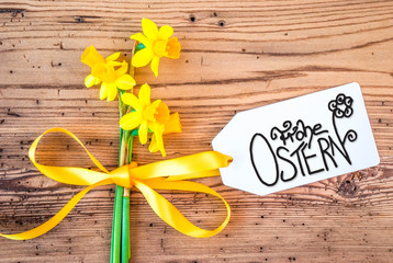 Label With German Calligraphy Frohe Ostern Means Happy Easter. Yellow Spring Narcissus Flower On...