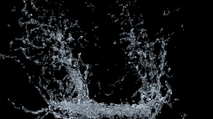 Water splash slow motion on black background. 3D illustration design.