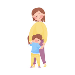 Mom Standing and Embracing Her Little Daughter Vector Illustration. Young Mother and Her Kid Loving Each Other
