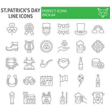 St. Patrick's Day thin line icon set, holiday symbols collection, vector sketches, logo illustrations, saint patrick icons, business signs linear pictograms package isolated on white background