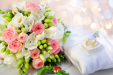 Wedding bouquet of bright flowers and empty space for text
