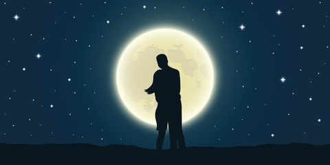 romantic night loving couple is looking at the full moon vector illustration EPS10