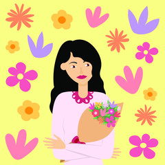 Beautiful girl with a bouquet of flowers on a background of flower meadow. Flat vector illustration on a beautiful color background.