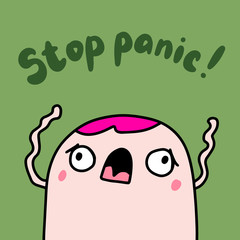 Stop panic hand drawn vector illustration with crying man lettering