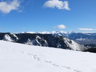 Fototapeta na wymiar Pyrénées dans la neige en montagne sous le soleil des Pyrénées Orientales de Cerdagne