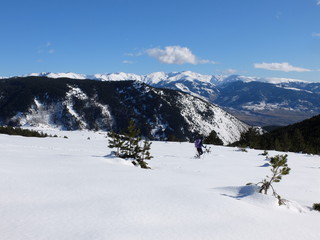 Fototapeta na wymiar Jeune femme randonneuse en raquette dans la neige en montagne sous le soleil des Pyrénées Orientales de Cerdagne