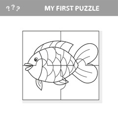 Fish in cartoon style, education game for the development of preschool children, cut parts of the image - coloring book - my first puzzle