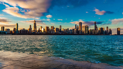 Chicago skyline at sunset, Panoramic 16x9, January 2019