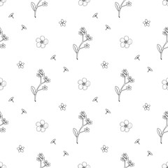 Fototapeta premium Seamless pattern with black-and white flowers forget-me-not and buttercup for fabric, textile, clothes, tablecloth and other things. Vector image.