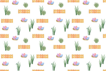 Seamless pattern of Easter egg hunt, eggs and plants, symbol of spring holidays illustration, green grass, wooden fence, eggs nest, Happy Easter ornament