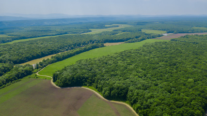 Aerial view from above over rural landscape