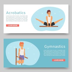 Gymnastic training and acrobatics on horizontal bar sport cartoon web vector illustration. Artistic gymnasts banners set. Professional sportsmen. Male gymnastics and acrobatics for website.