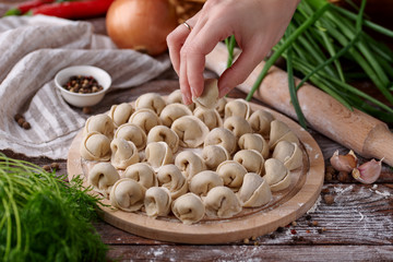 Russian national cuisine. Raw meat dumplings laid out on a cutting board with vegetables, herbs and specs on a flour-sprinkled wooden table.