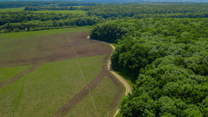 Aerial view from above over rural landscape