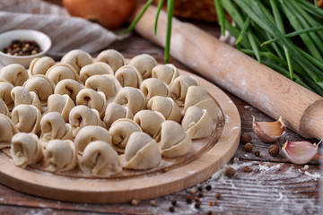 Russian national cuisine. Raw meat dumplings laid out on a cutting board with vegetables, herbs and specs on a flour-sprinkled wooden table.