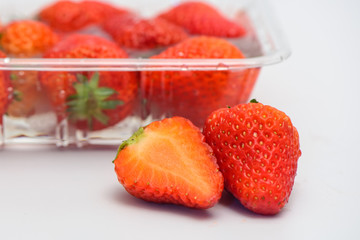 The still life photos of Big and beautiful red strawberries on white background.