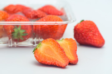 The still life photos of Big and beautiful red strawberries on white background.
