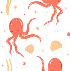 Seamless octopus patter. Ocean and sea background. Vector texture. Illustration for menu, catalog, restaurant, cartoon, game, kitchen, textile, decor.