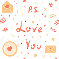 Seamless valentine pattern. Love you, heart, letter. Vector background. Illustration for menu, catalog, restaurant, cartoon, game, kitchen, textile, decor.